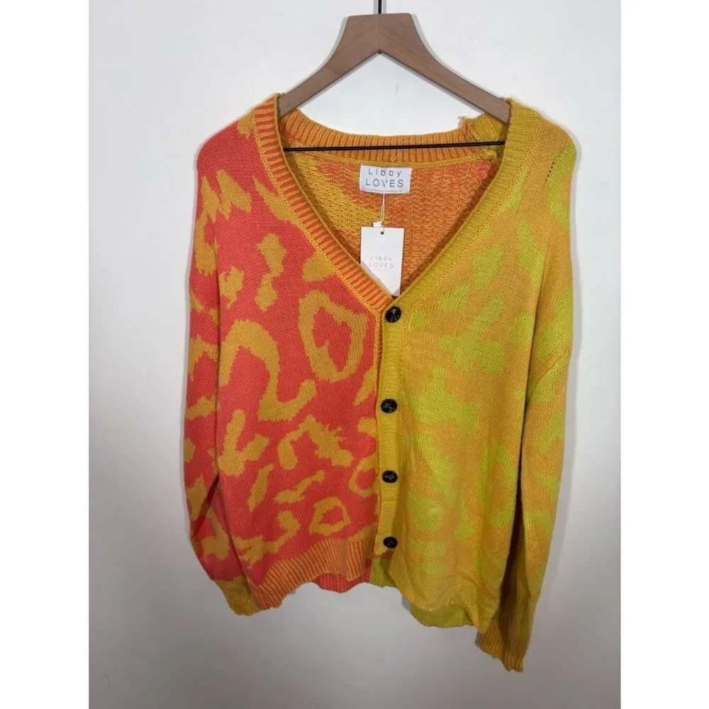 Libby Loves Leopard Button Front Ribbed Trim Cardigan One Size NWT cheetah